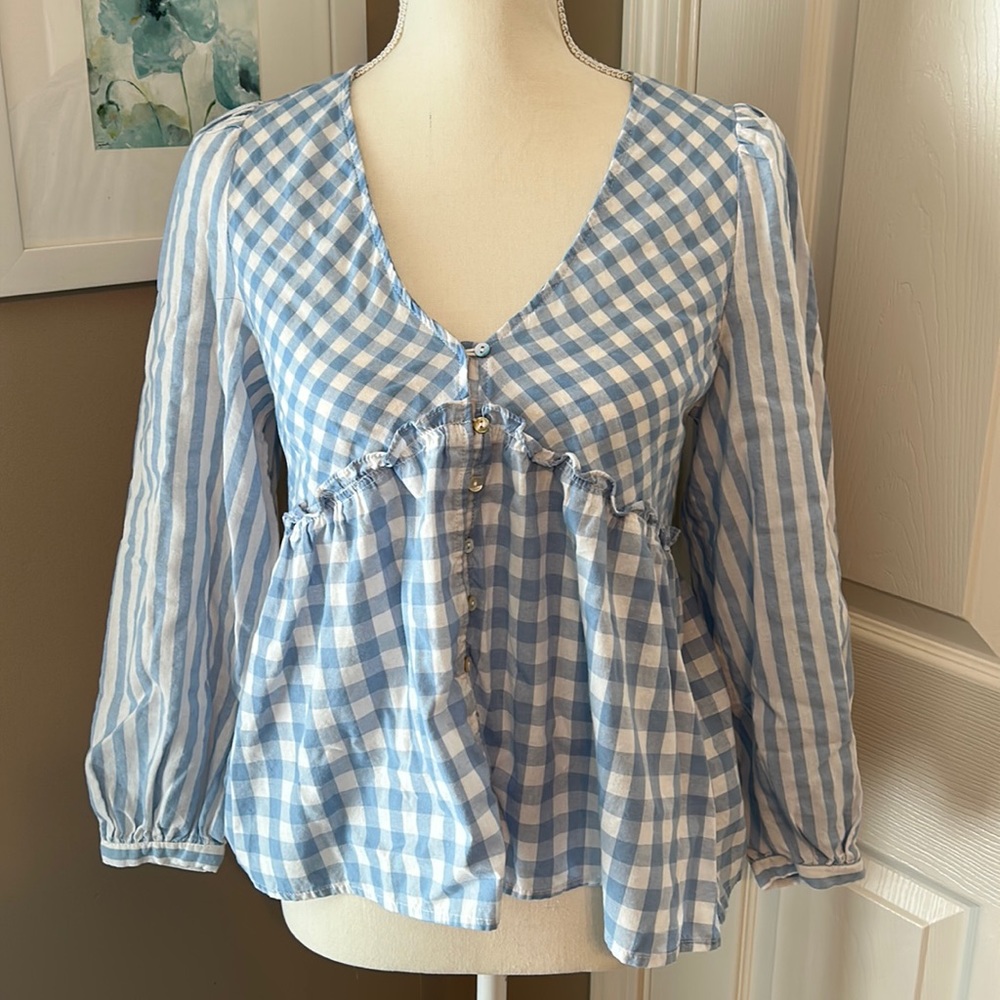 Entro Blue and White Gingham Blouse Size S